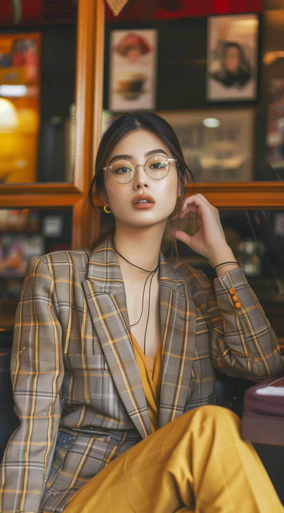 Woman on eyeglasses sitting cross-legged wearing checkered brown and yellow coat in yellow trouser.