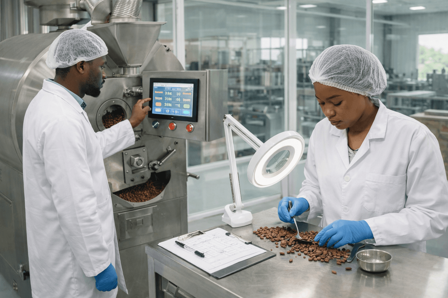 Des ouvriers travaillant dans une usine de transformation de cacao