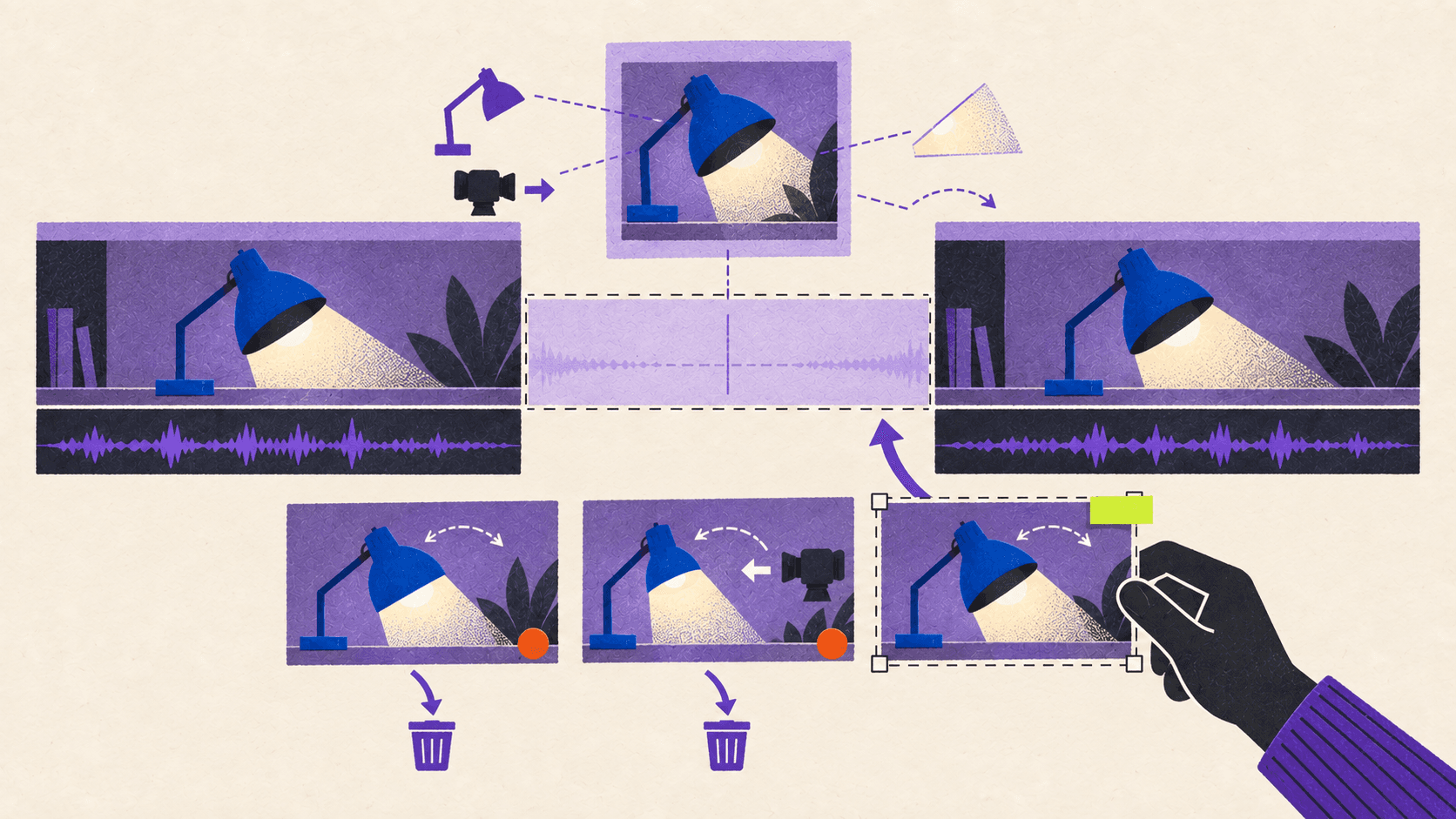 Three possible desk-lamp B-roll inserts are compared with reference frames, camera direction, and lighting before one is trimmed into the timeline gap.