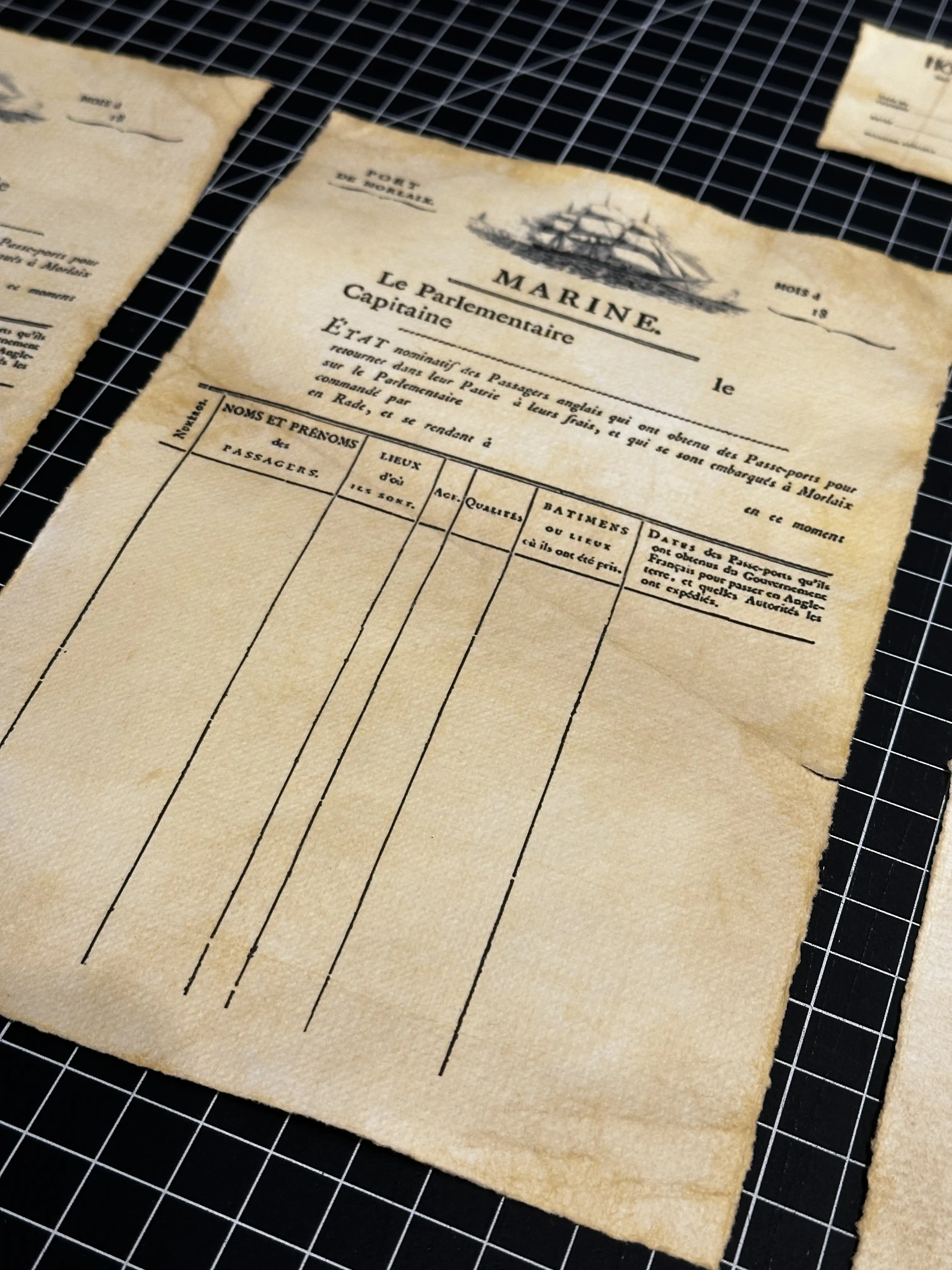 The image shows an antique-style, maritime document with a ship illustration, featuring columns for recording various entries, set against a grid-patterned black background, evoking a historical nautical theme. Rob Harrigan Design. Rob Harrigan. 