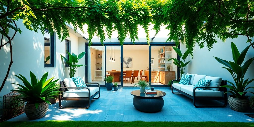 Modern real estate property with lush greenery and sunlight.