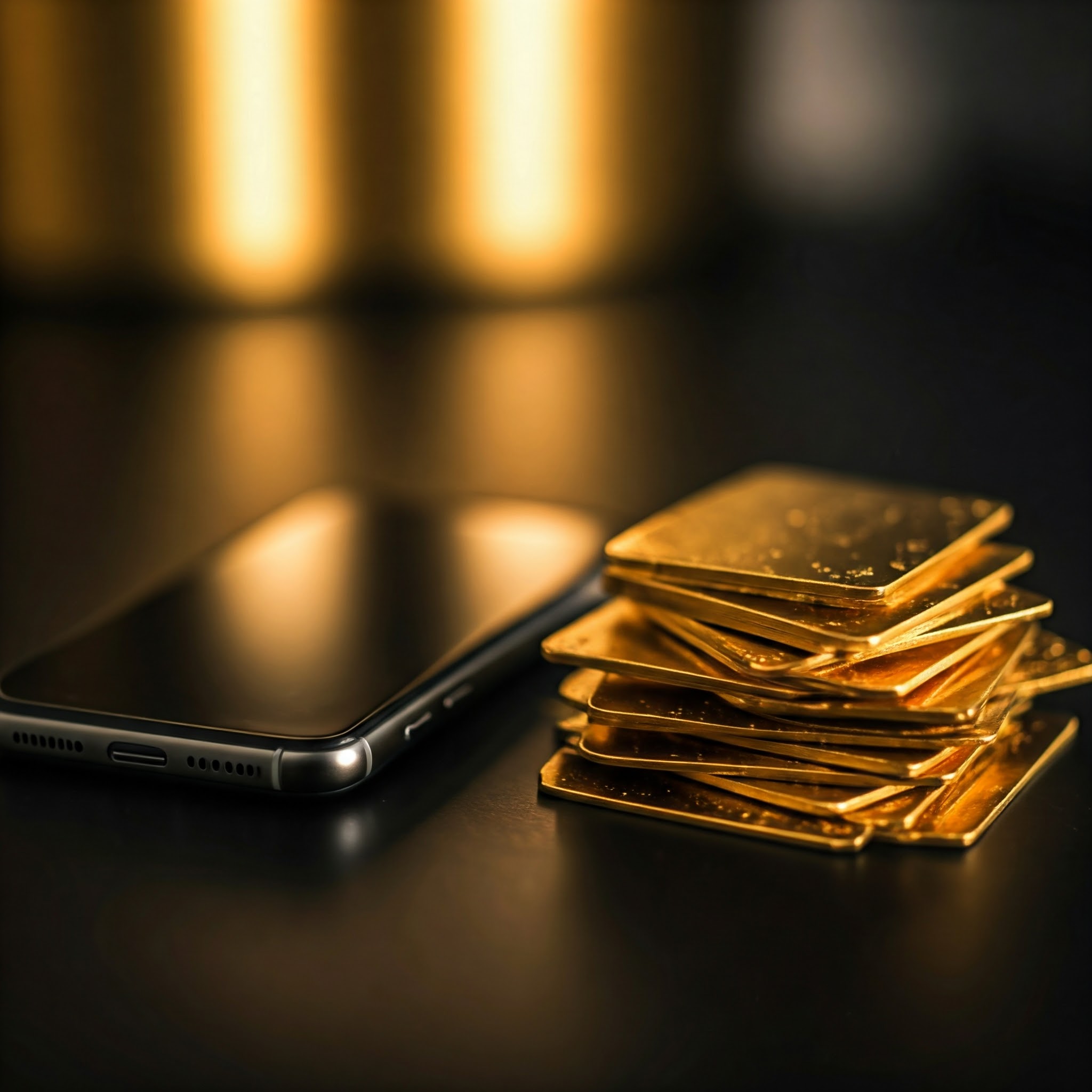 smartphone-and-gold-slabs-placed-on-a-table