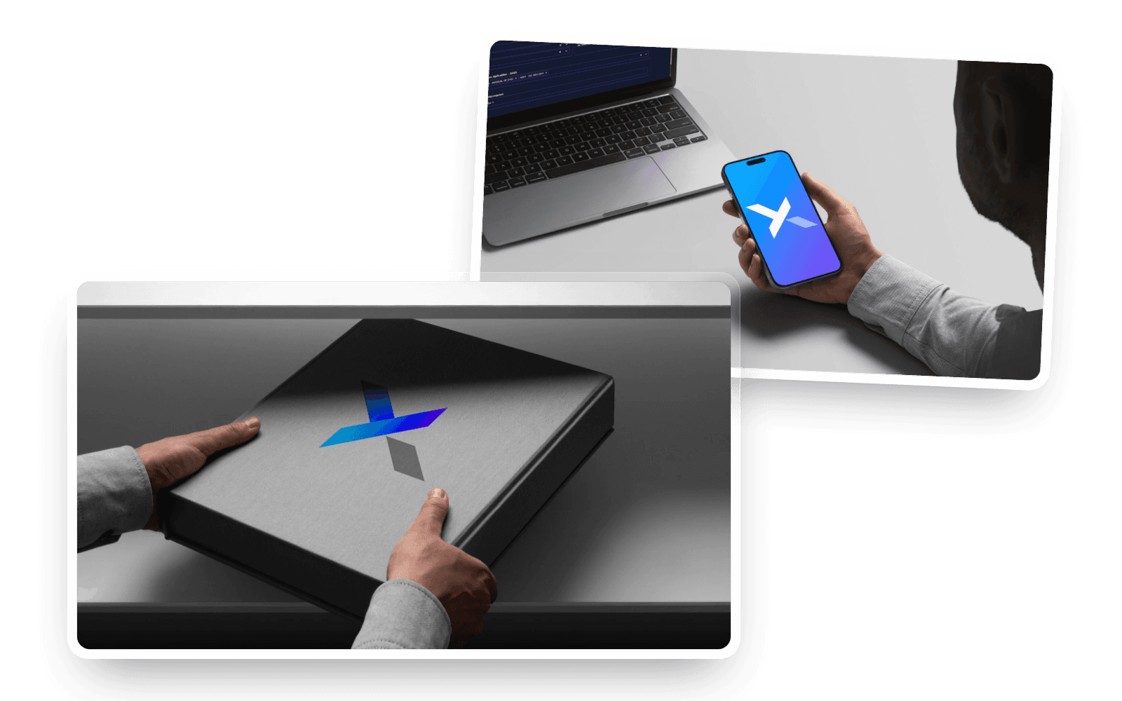xYlow branded packaging box held in two hands, with the app icon on a phone