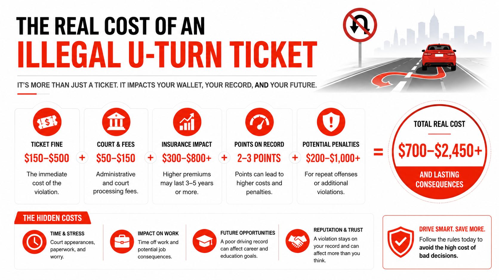 An infographic detailing the financial and long-term costs associated with receiving an illegal U-Turn traffic ticket.