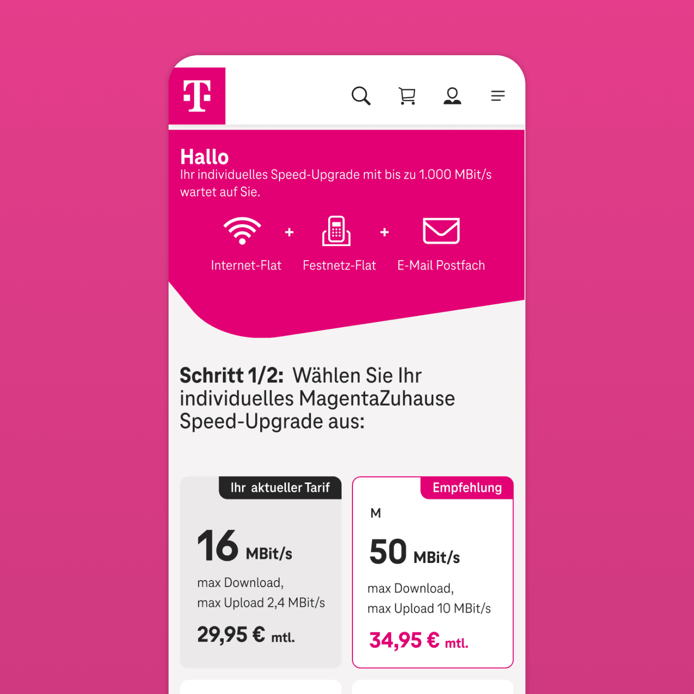 Ansicht der Telekom-App mit Tarifinformationen und Preisen.