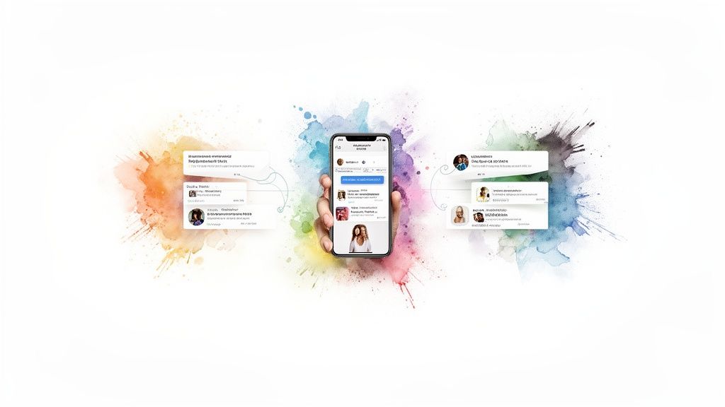 A hand holds a smartphone displaying social media interactions and user profiles against colorful splashes.