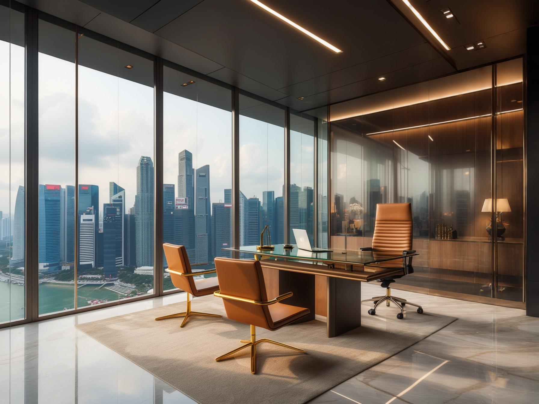 Modern office interior with glass walls, wooden accents, and a person walking up a staircase in motion blur.