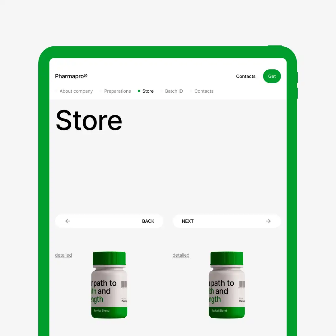 Pharmapro store page UI design with supplements products layout