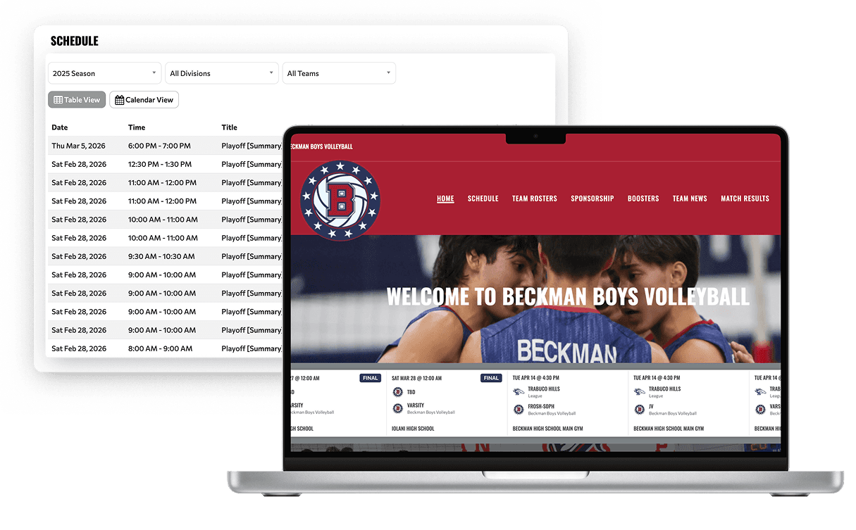 TeamLinkt volleyball schedule generator showing a conflict-free season schedule and club website on desktop