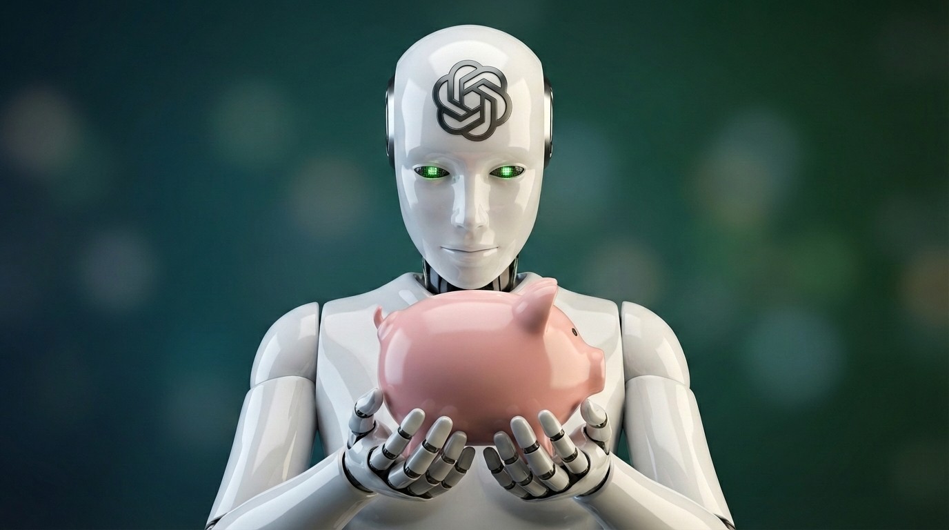   White humanoid robot with OpenAI's ChatGPT logo on forehead and glowing green eyes holding a pink piggy bank, representing affordable AI technology