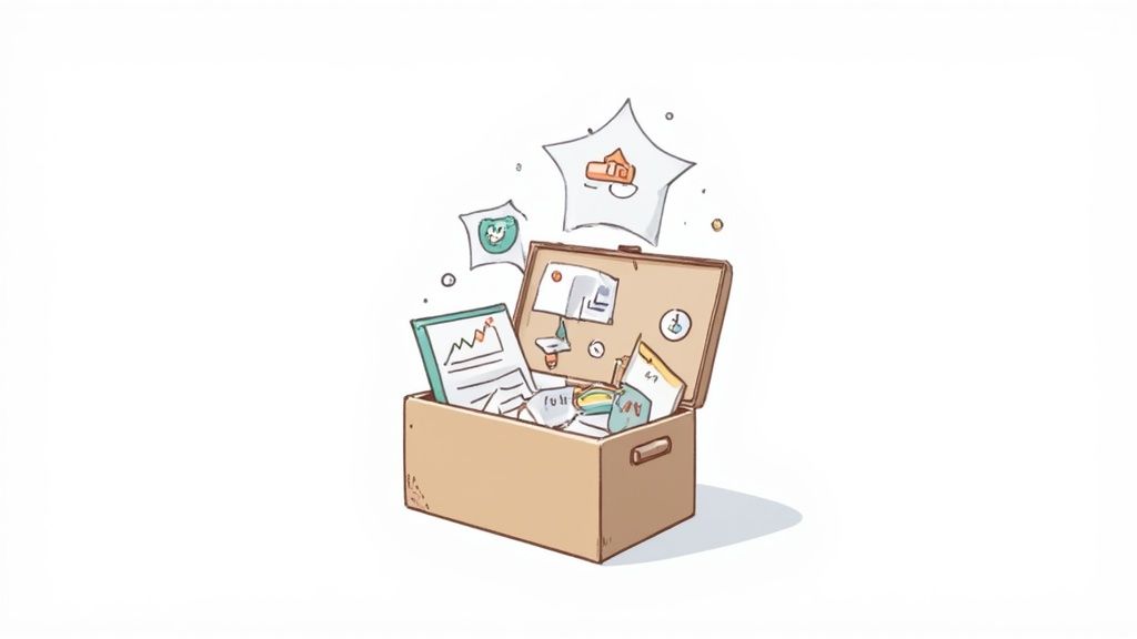 A vibrant illustration depicting an open box filled with project documents and creative ideas.
