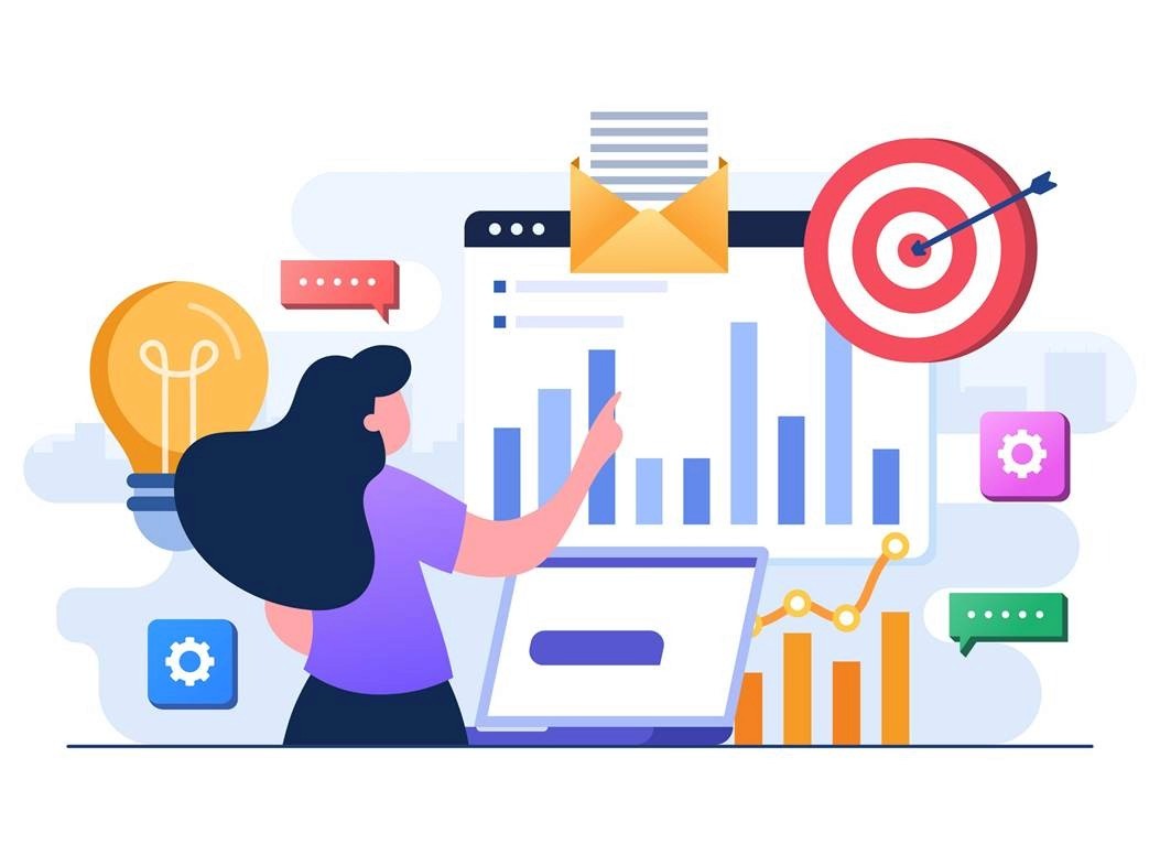 Illustration of a marketer analyzing creator campaign data with bar charts, email outreach, and goal targeting