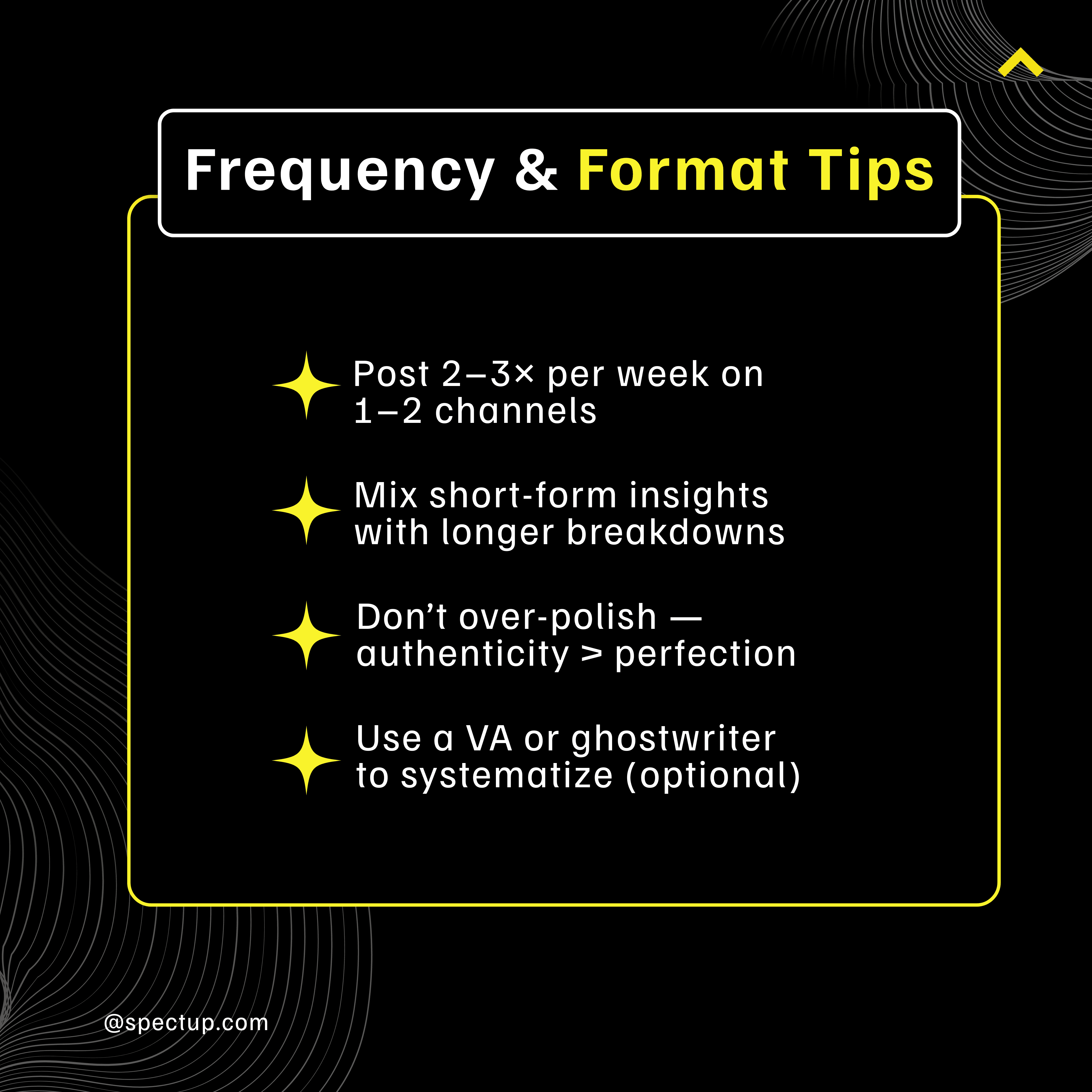 Visual guide with "Frequency & Format Tips" for content creators: post regularly, blend short and long-form insights, value authenticity over perfection, and optionally use a VA or ghostwriter. Black and yellow design with star icons.