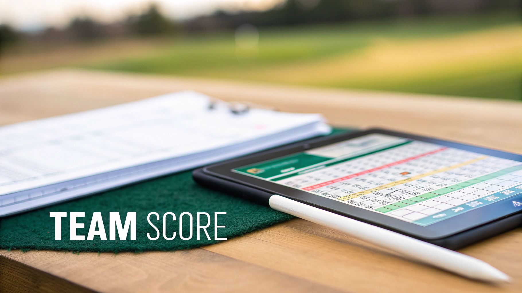 A digital tablet and paper scorecard with a stylus on a golf course table, showing team scores.
