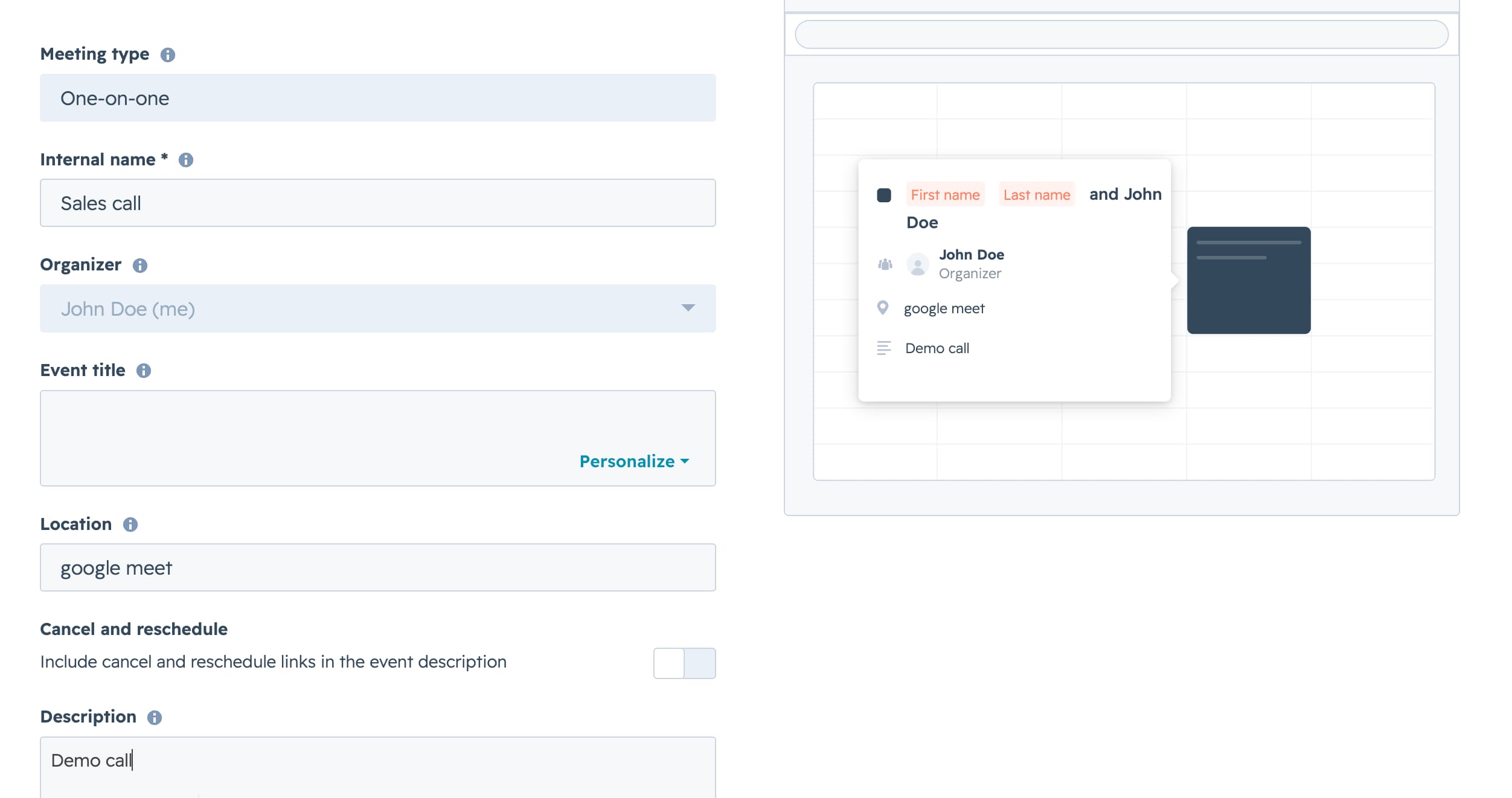 HubSpot Meeting Scheduler meeting link settings page