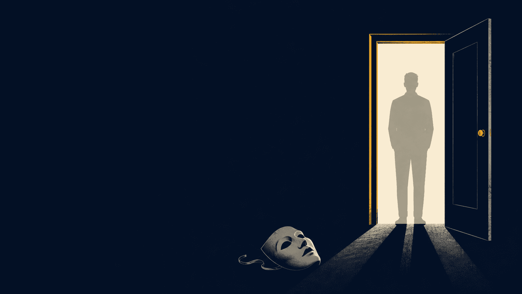 A silhouette standing in a doorway with a discarded mask on the floor, representing leadership without performance.