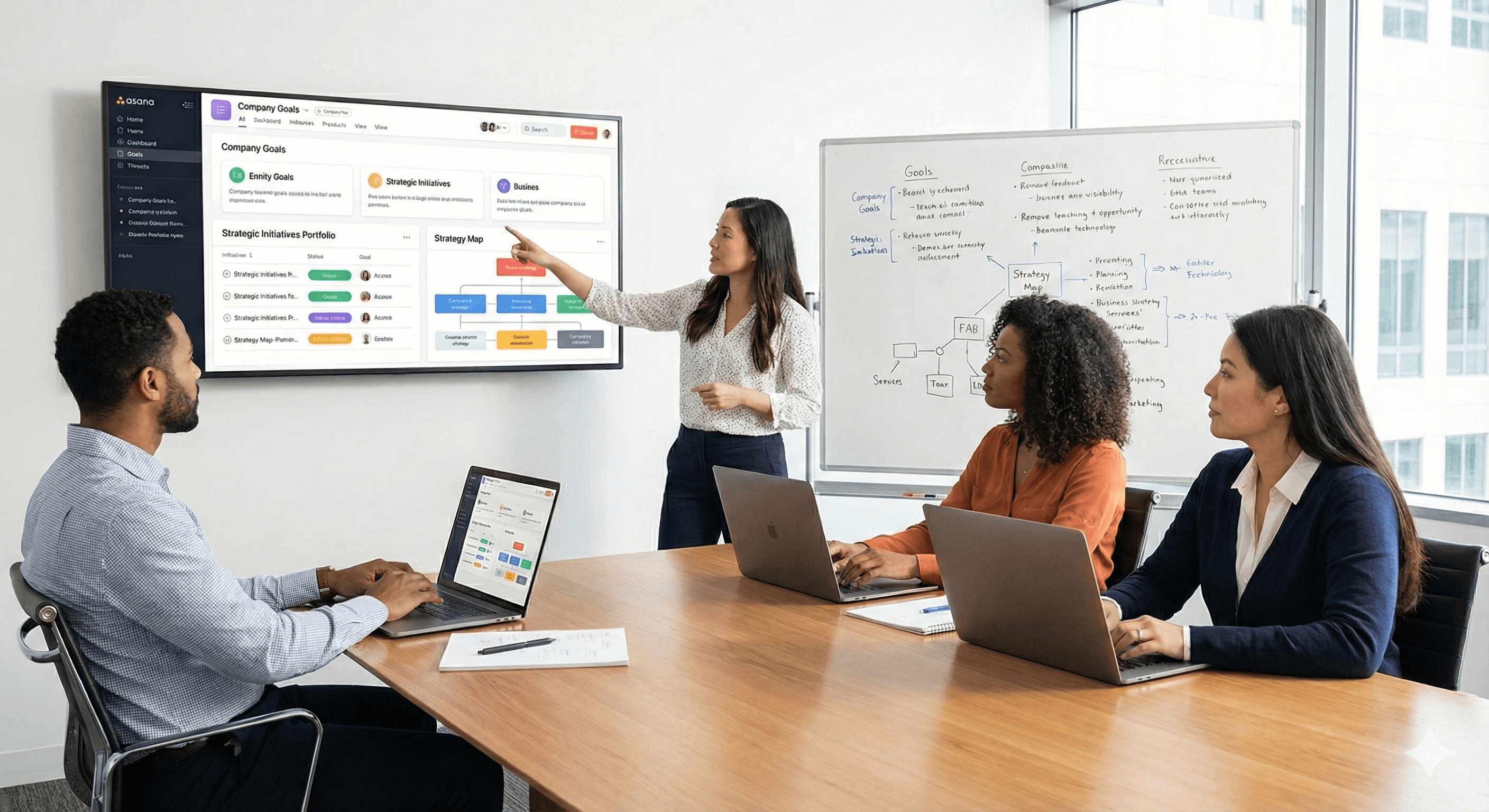 A diverse team collaborates in a modern conference room, engaging with a wall-mounted digital display showcasing strategic planning data using Asana, as two individuals work on laptops and a whiteboard filled with notes complements the discussion.