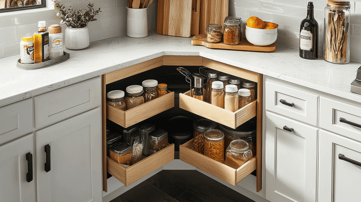 A corner kitchen cabinet featuring pull-out wooden drawers organized with jars and containers of spices, grains, and dried goods. The countertop above is adorned with a tray of condiments, a potted plant, and cutting boards, with a sleek white quartz surface and a subway tile backsplash adding a modern touch.