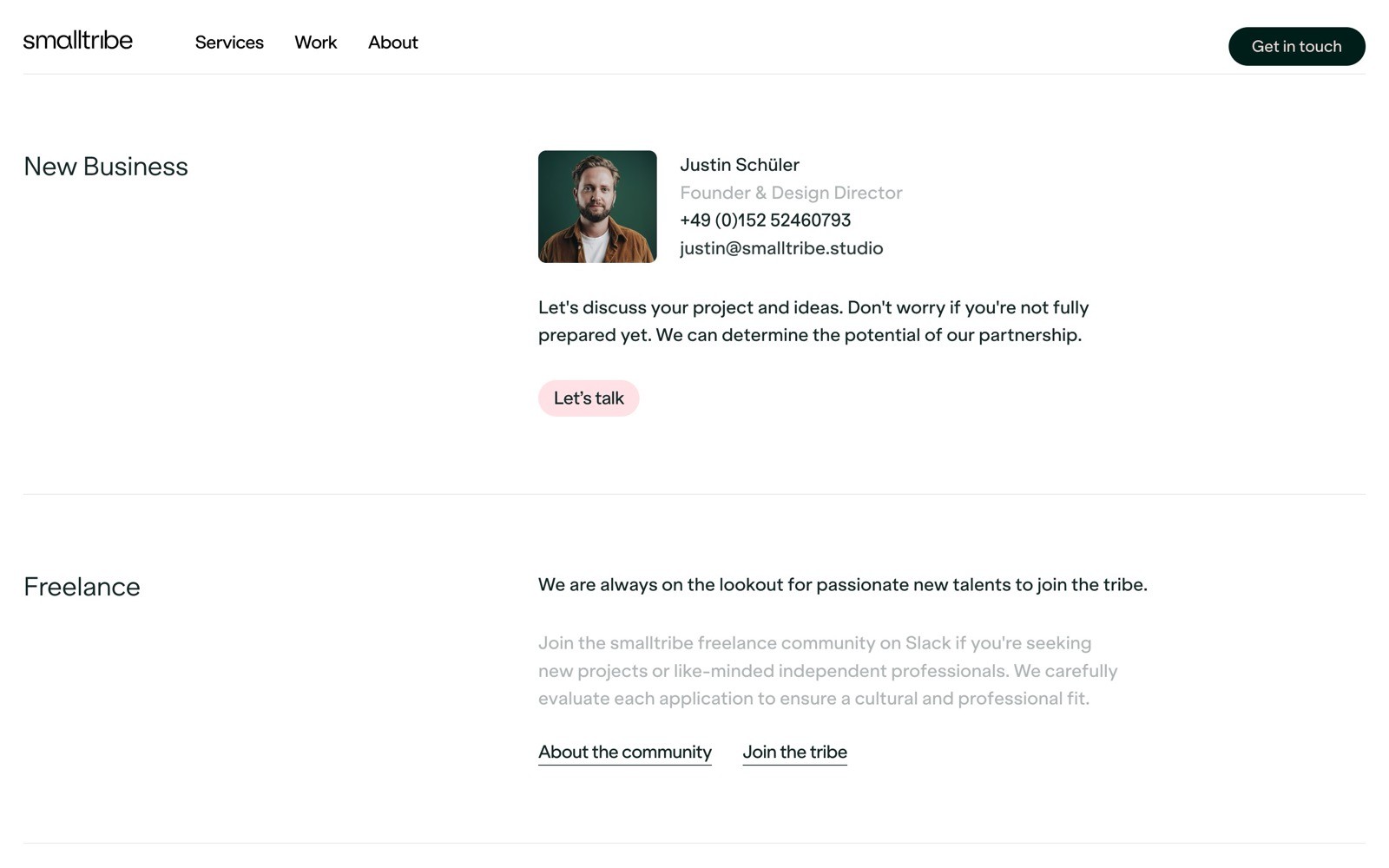 Contact section of an agency site with a man's portrait, contact info, and "Let's talk" button. Sections on New Business and Freelance.