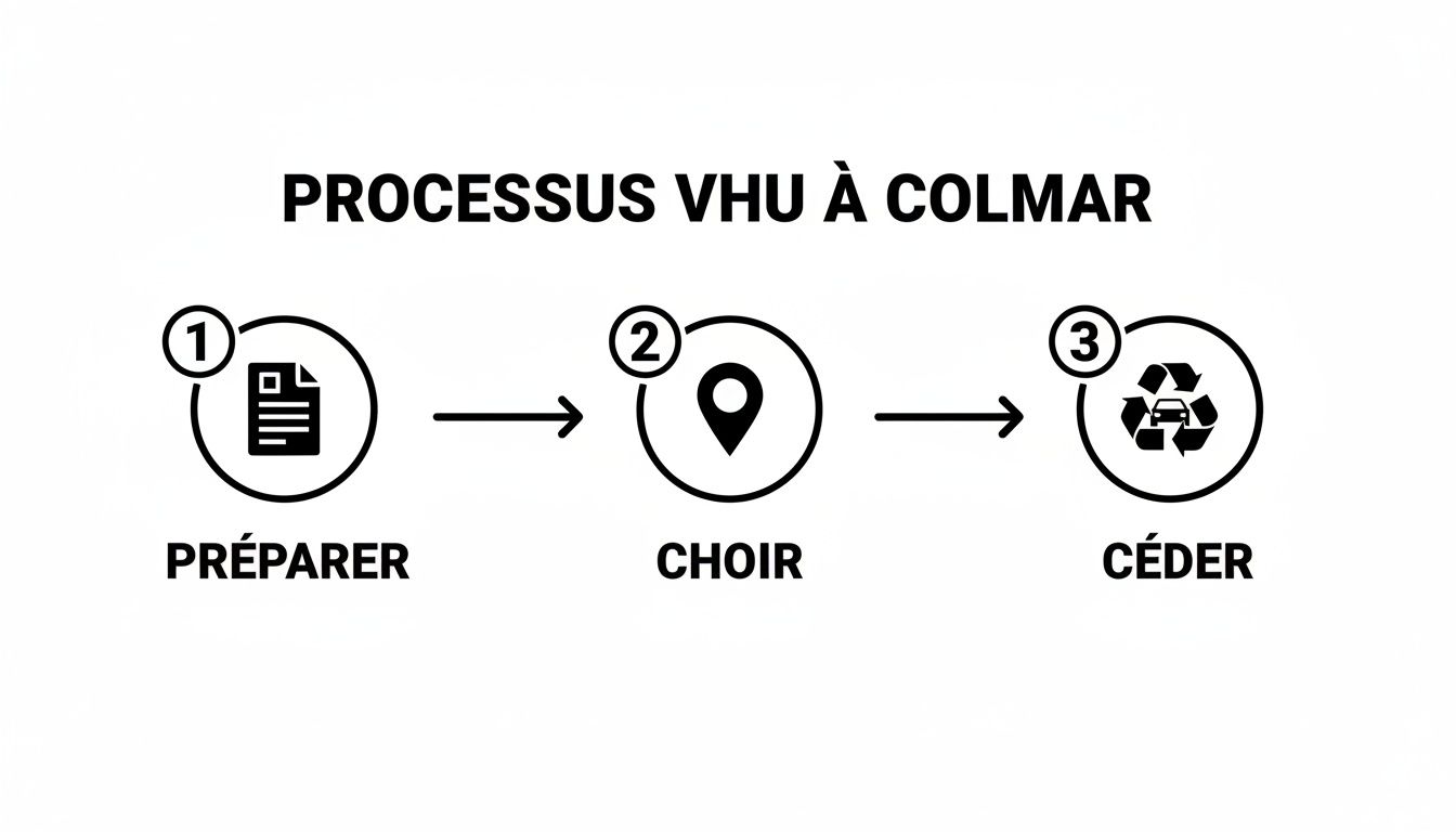 Diagramme montrant les trois étapes du processus VHU à Colmar: préparer, choisir et céder.