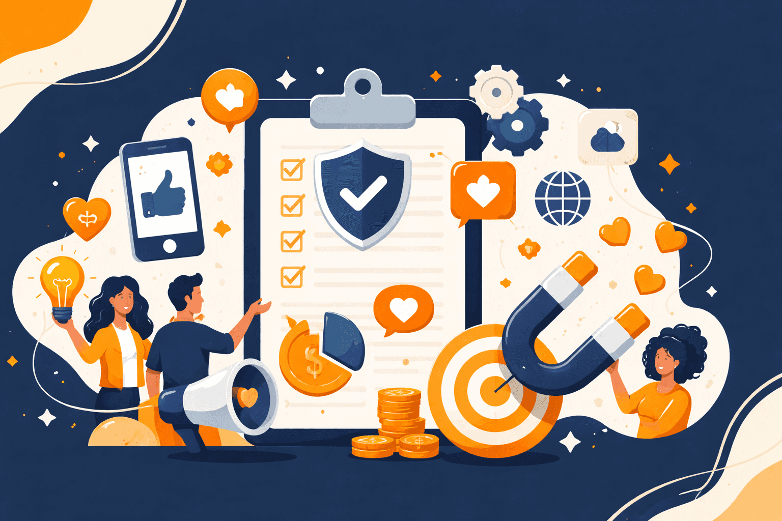 graphic of a checkbox with blue and orange icons