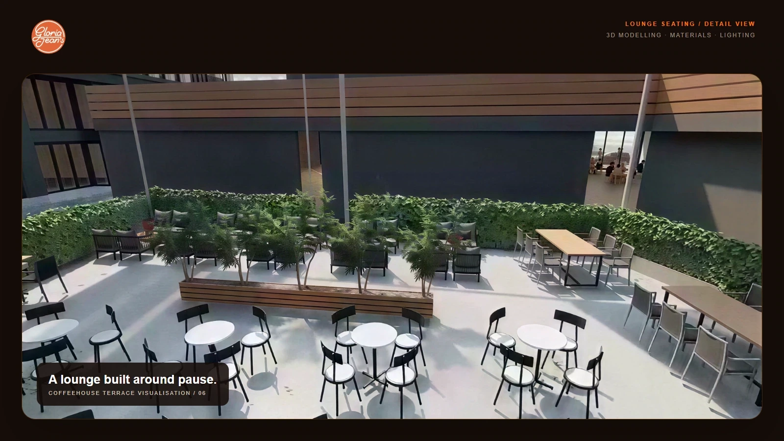 3D visualisation of a coffeehouse lounge area with round tables, bench seating and integrated planting.