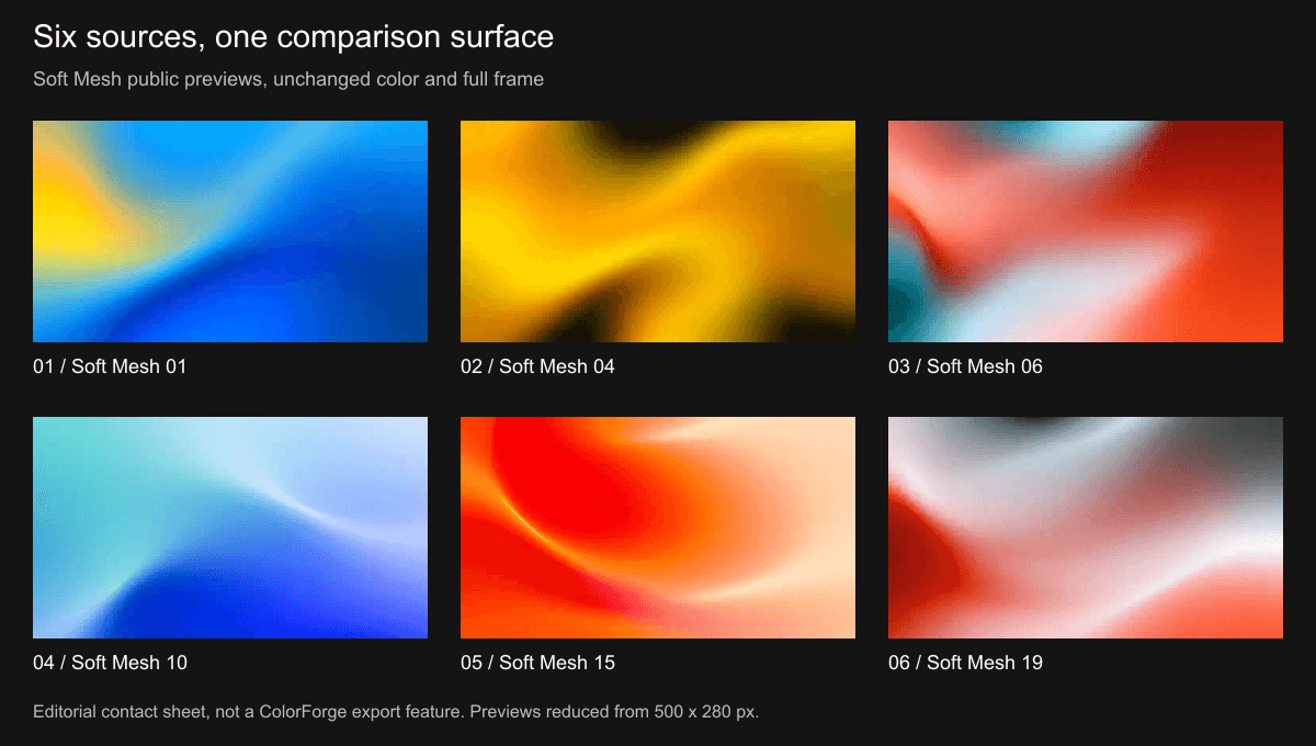 A labelled six-image contact sheet of Soft Mesh 01, 04, 06, 10, 15 and 19, showing unchanged public previews at equal size on a neutral dark background.