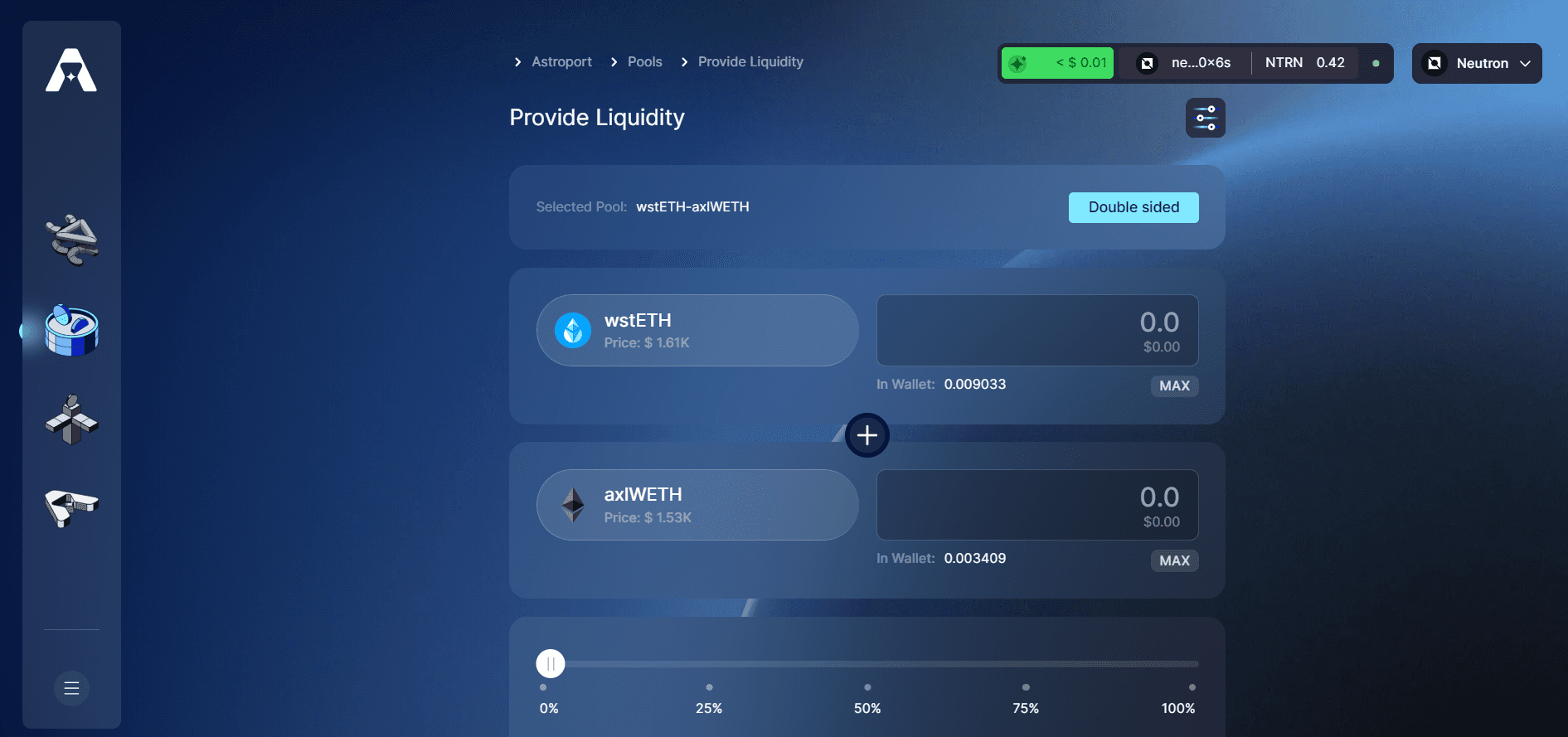 Enter asset amount to provide liquidity to wstETH-axlWETH pool