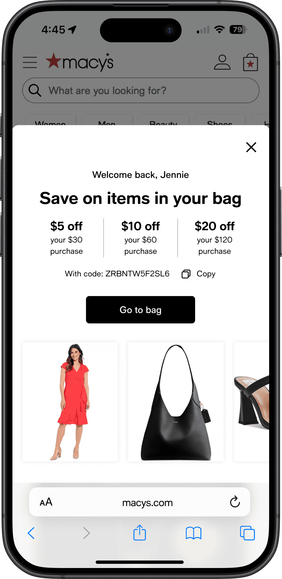Abandoned bag modal featuring first name personalization, a tiered incentive, carousel of abandoned bag items, and CTA to continue to bag