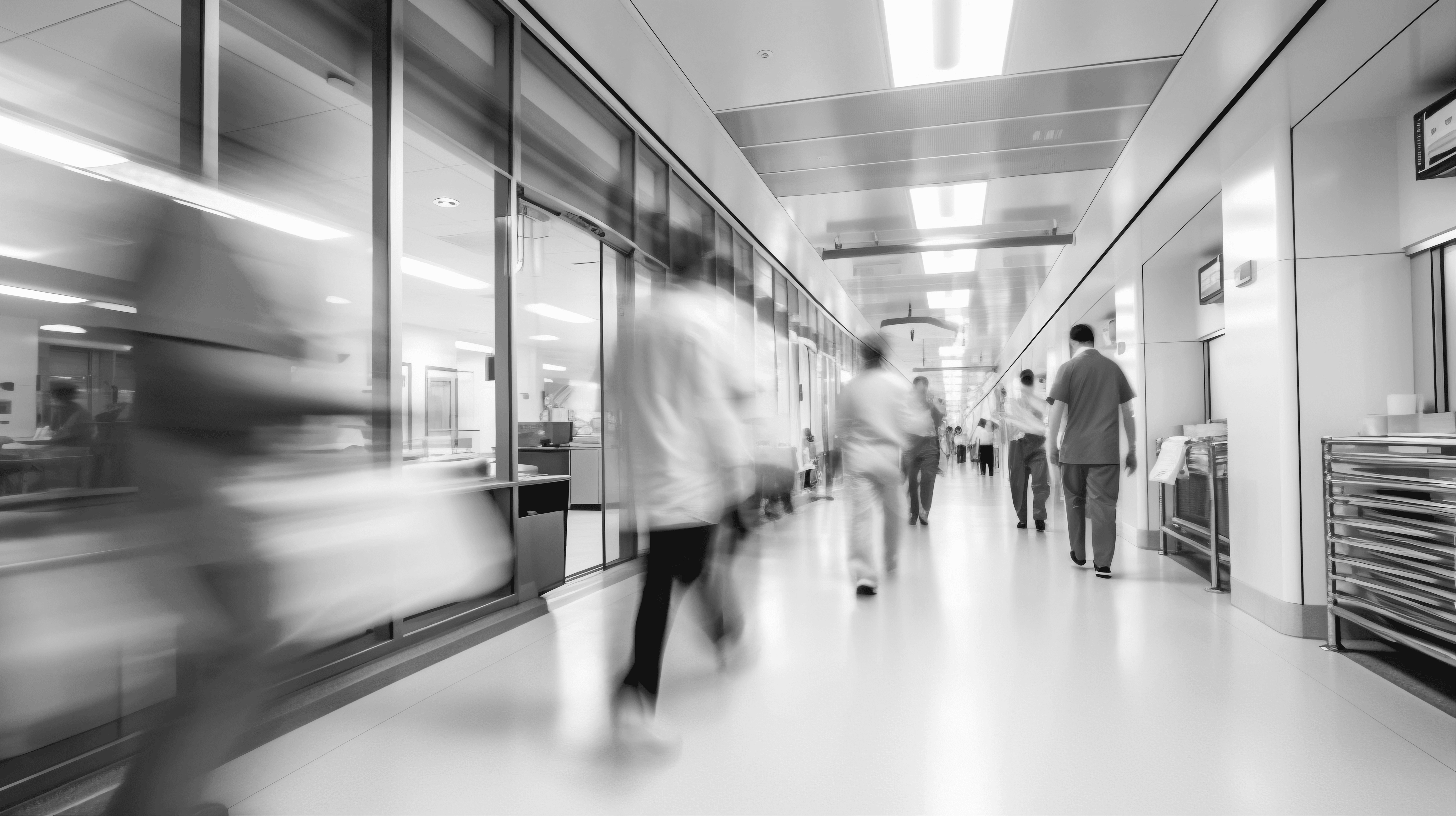 Una toma con movimiento desenfocado de un pasillo de hospital concurrido, con personas caminando.