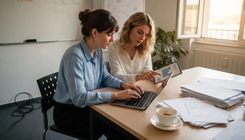 Le colleghe raccolgono e organizzano tutti i documenti sulla piattaforma digitale, così da avere tutto a portata di mano e facilitare la collaborazione.