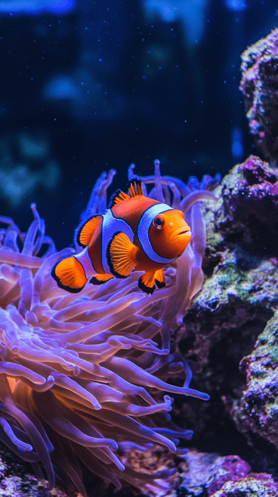 A orange and white Clown Fish swimming