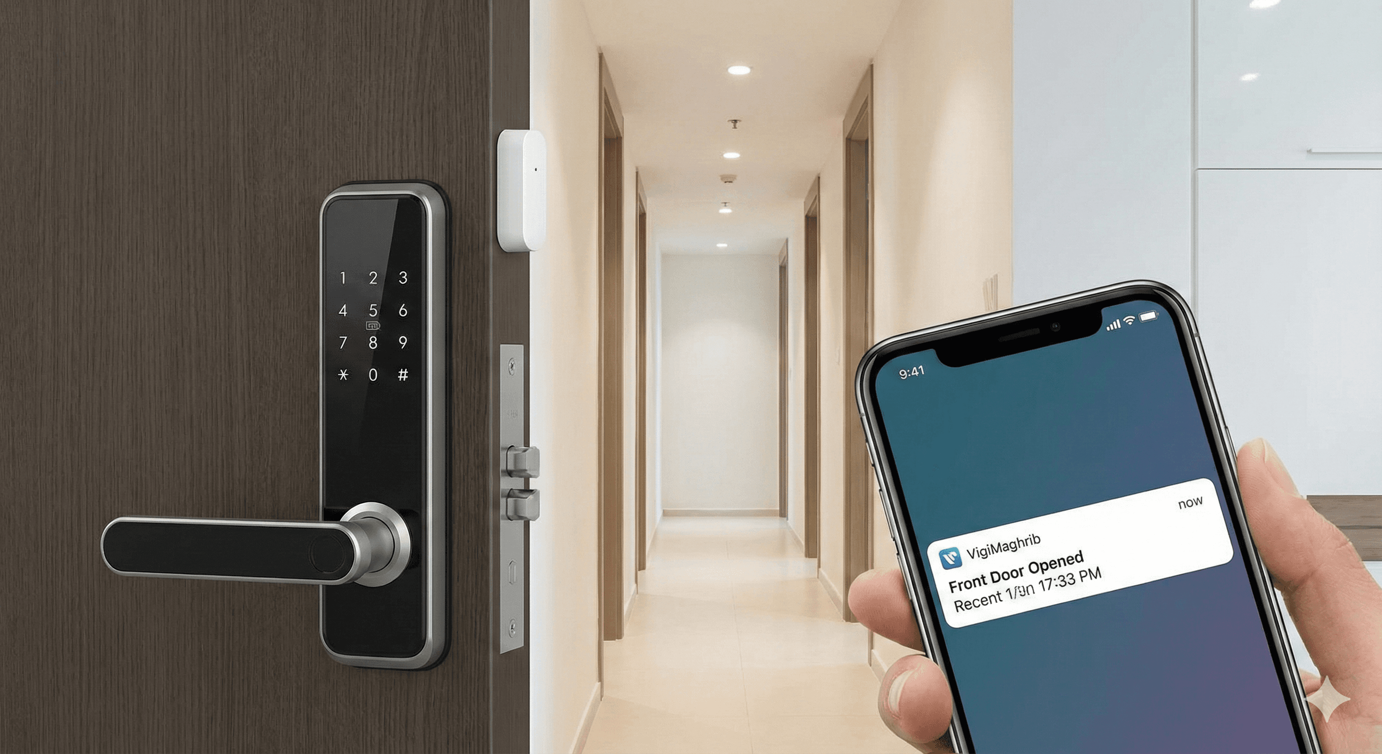 Porte d'entrée d'appartement sécurisée par une serrure connectée et un capteur d'ouverture, avec notification d'alerte instantanée sur smartphone.