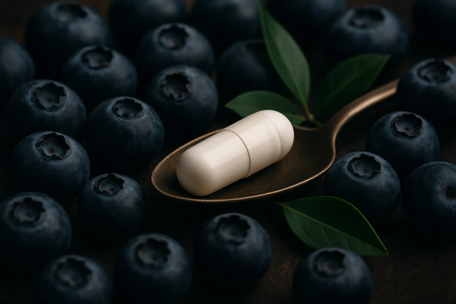 White capsule on a spoon surrounded by fresh blueberries