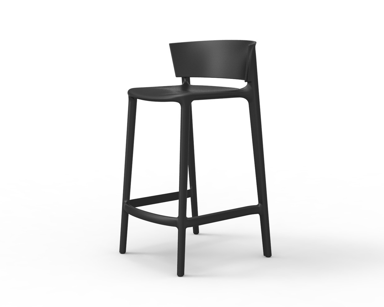 Black Dar Barstool: Sleek black barstool with a clean, industrial frame, photographed from a low angle to emphasize the profile.