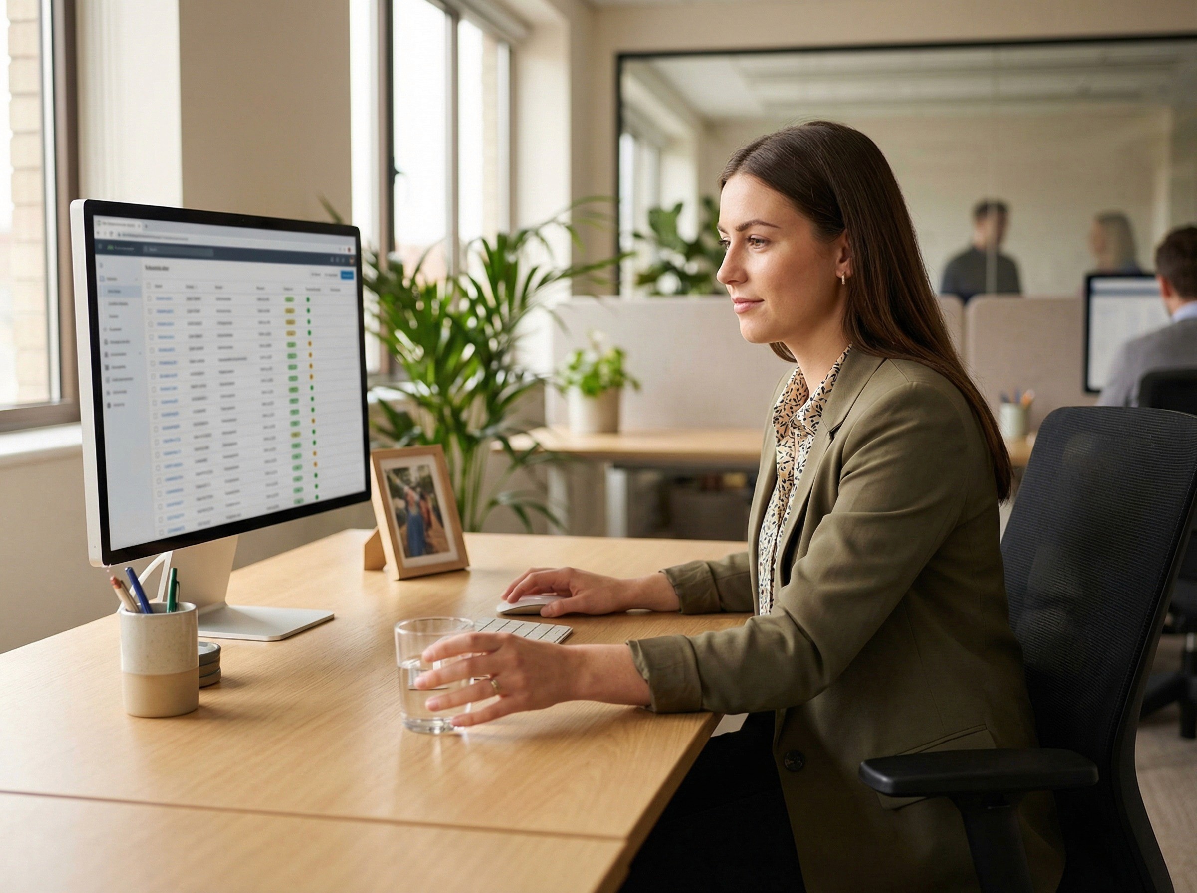 A HR operations coordinator in her late 20s sitting at a tidy desk in a shared office within a mid-sized professional services firm, working on a monitor that shows a clean, table-style register with rows of document entries, each with a coloured expiry status indicator — greens, a couple of ambers, no reds — visible in structure but not legible. She is mid-task but unhurried, one hand on the mouse, scrolling casually through the register the way someone checks a system that is largely in order. With her other hand she is reaching for a glass of water.