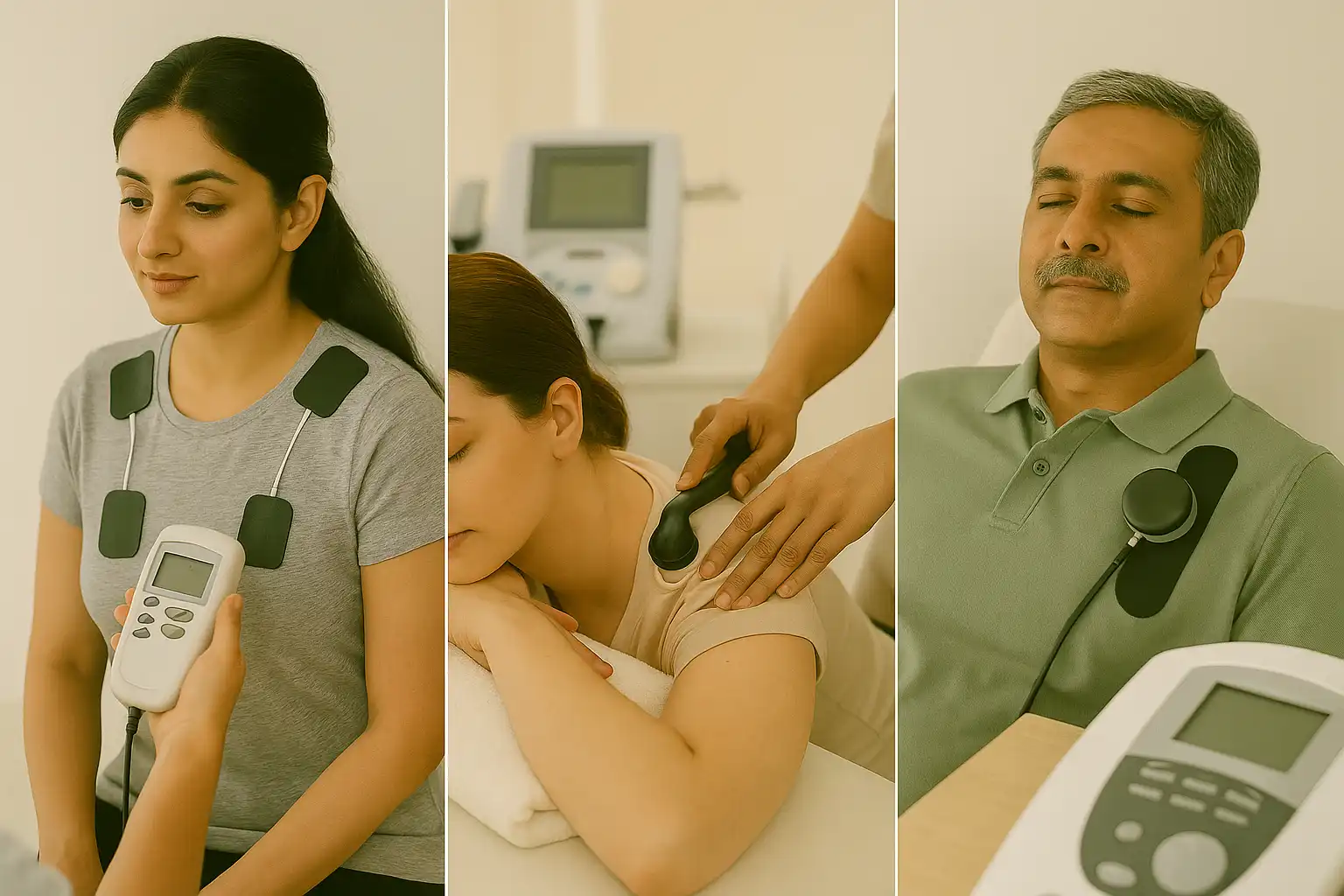 Physiotherapy electrotherapy session showing TENS pads, ultrasound therapy, and muscle stimulation for shoulder and neck pain management.
