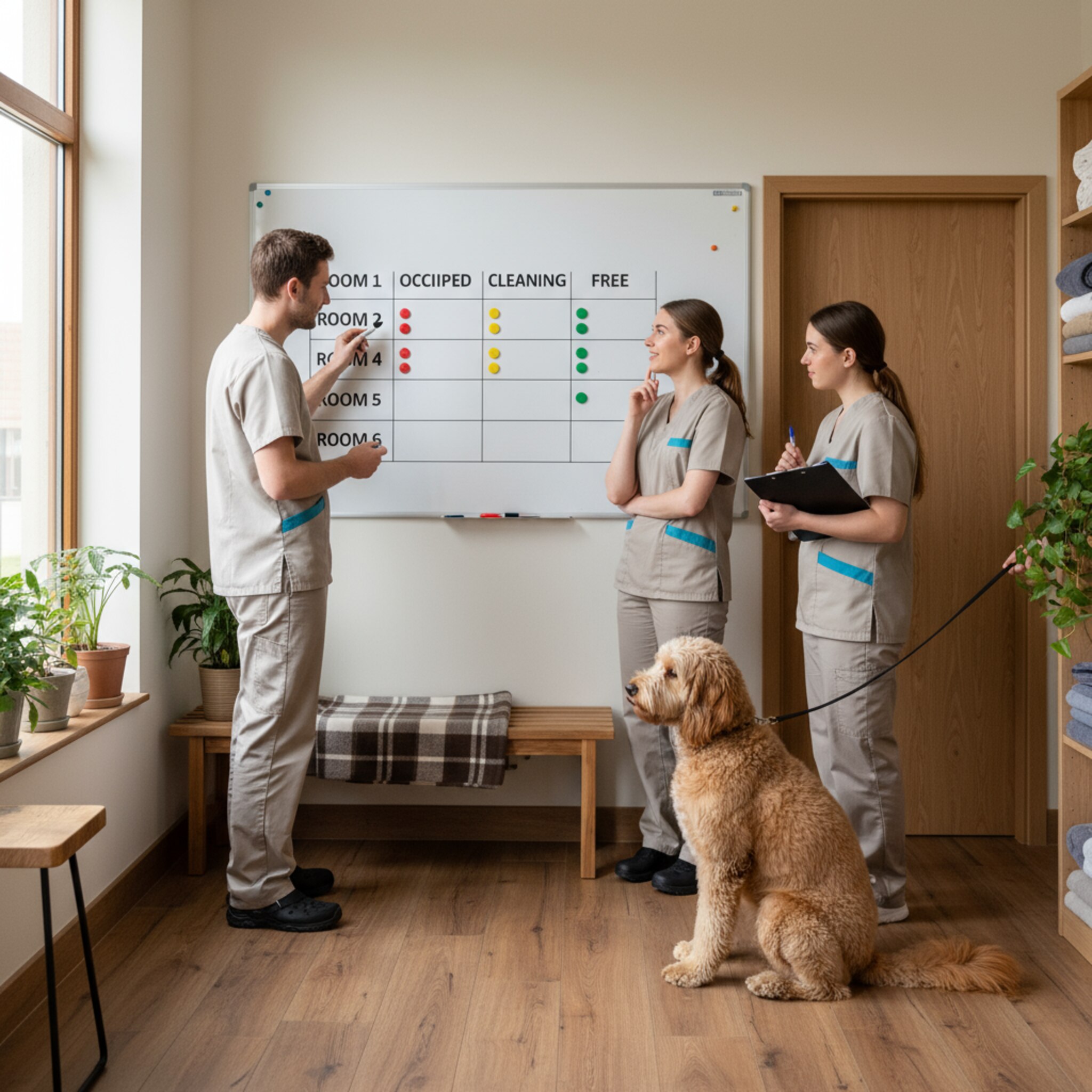 Ein kleines Team steht vor einer sauberen Magnettafel mit Zimmernamen, farbigen Markern für Belegt, Reinigung und Frei. Eine Betreuerin zeigt auf die nächste Übergabe, ein Kollege nickt. Nebenan wartet ein Hund geduldig. Der Ablauf ist ruhig, klar und koordiniert.