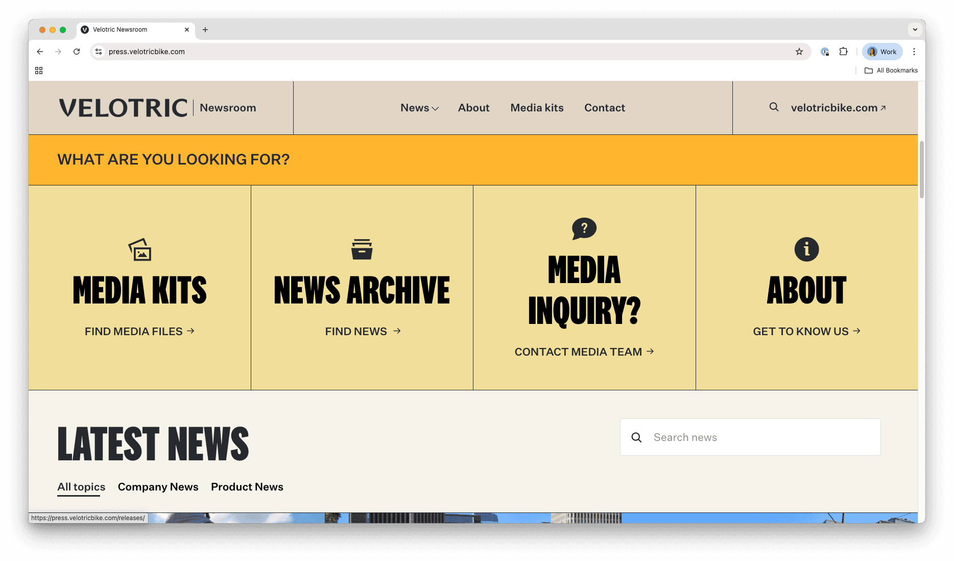 Screenshot of Velotric's online newsroom
