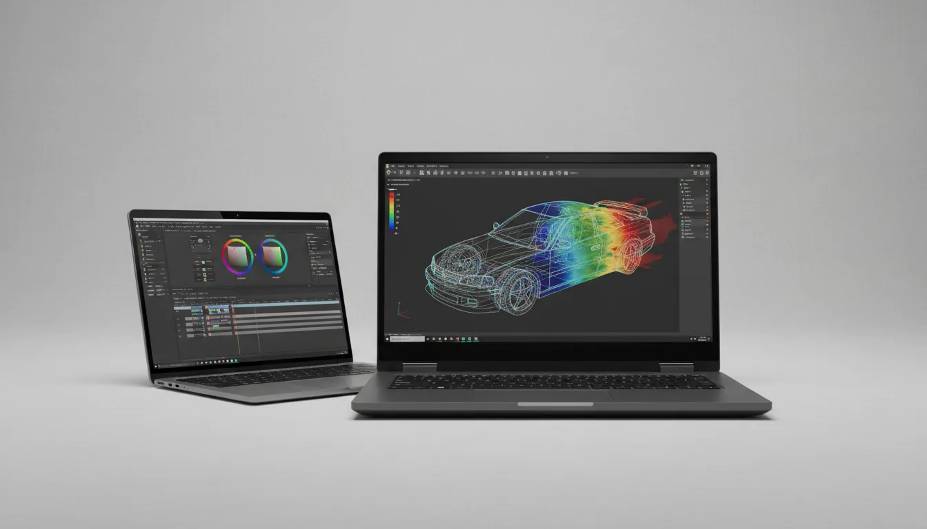 Commercial product photography of two high-performance laptops, DSLR quality. A dark gray workstation laptop is positioned front-on, displaying a complex Rhino 3D CAD software interface in dark mode; the main viewport shows a colorful CFD analysis of a 3D car model with green, red, and blue heatmaps and placeholder UI elements. To the left, a sleek, silver thin-bezel laptop is dynamically tilted, showing a professional video editing application with color grading wheels and a video timeline. The composition is set against a light gray, subtly textured studio backdrop with soft studio lighting and gentle shadows.