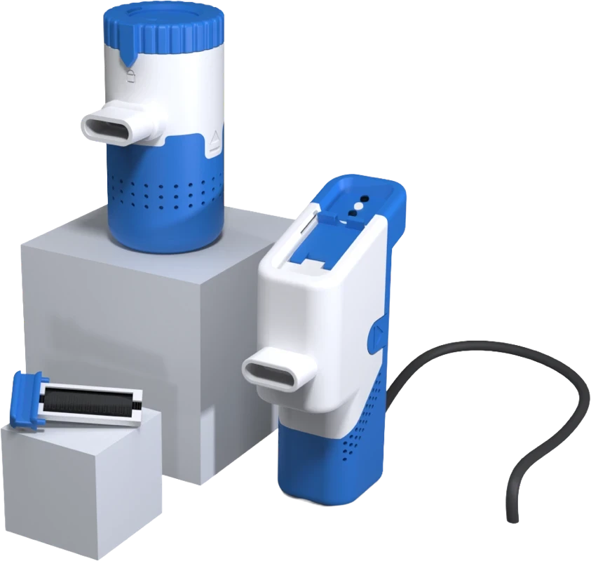 Nebu~Flow device placed on a charging dock with cable and base unit