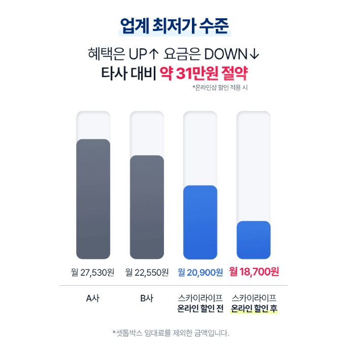 타사 대비 요금 절약 효과를 보여주는 그래프. A사, B사 대비 스카이라이프 온라인 할인 적용 시 월 18,700원으로 가장 저렴하며, 3년간 약 31만 원이 절약됨을 보여줍니다.