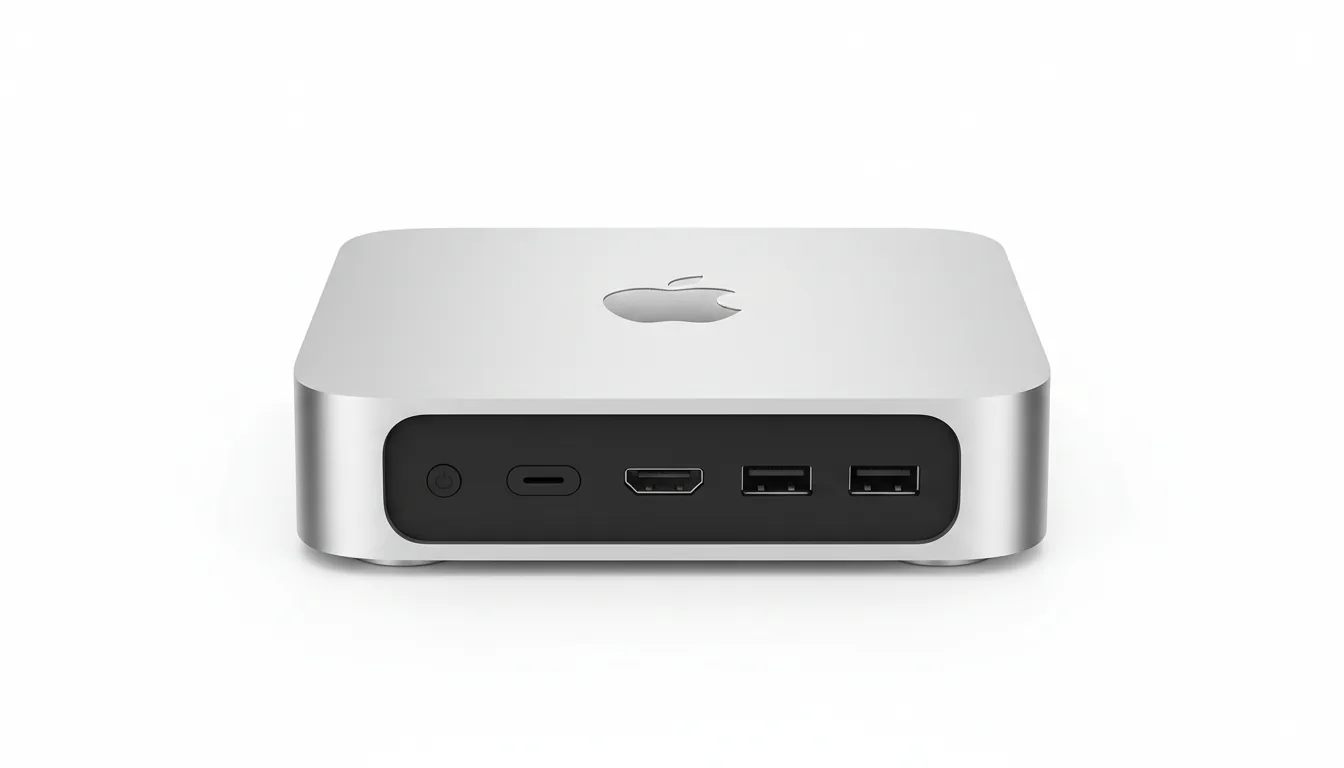 High-resolution DSLR product shot of a silver Apple Mac Mini, viewed from the back, perfectly centered and isolated on a seamless pure white background. Soft studio lighting creates even highlights on the milled aluminum chassis. The black rear I/O panel is in sharp focus, detailing the power button, Ethernet, Thunderbolt, HDMI, and USB ports.