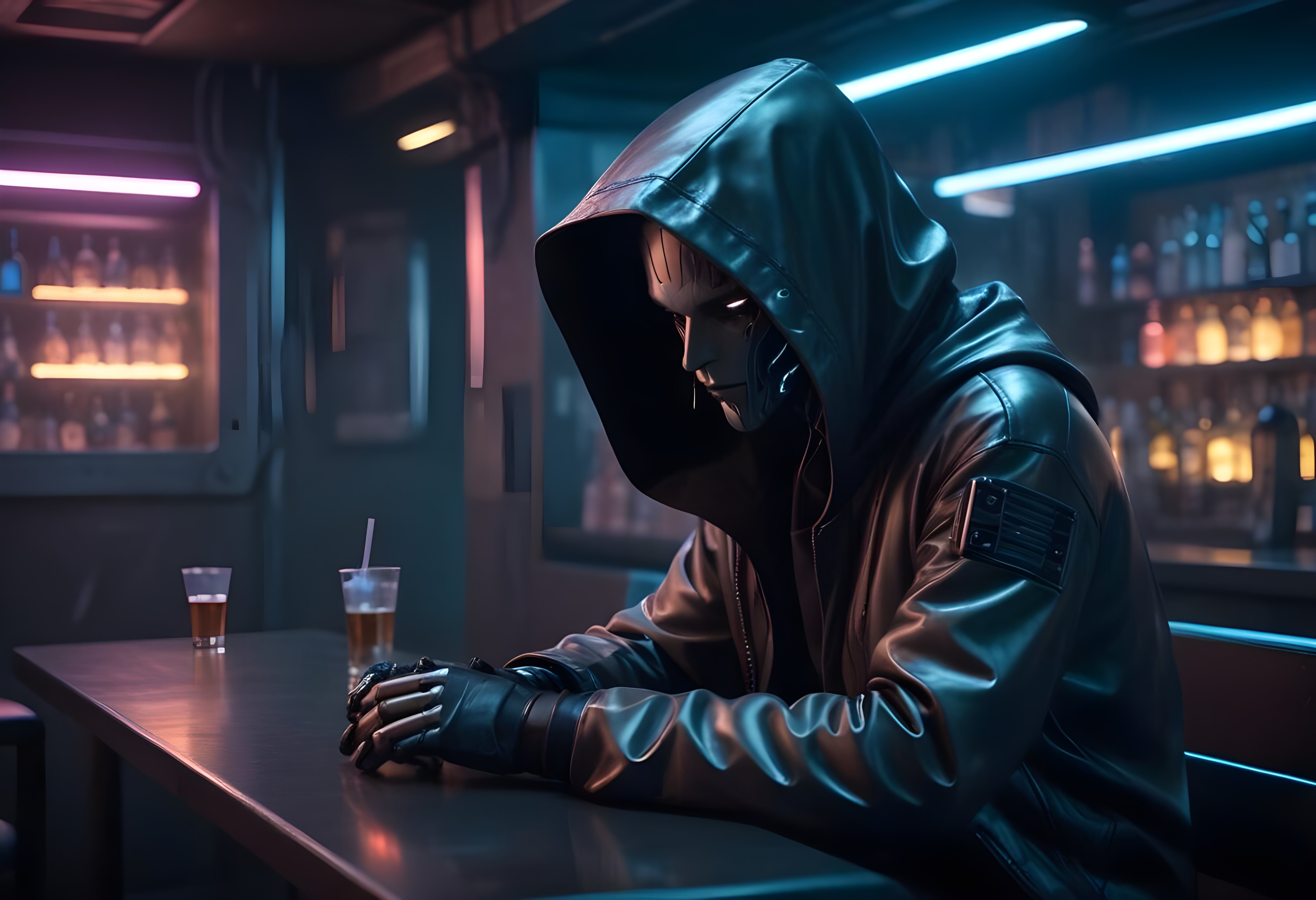 A humanoid robot with a metallic face and wearing a black hoodie sits at a dimly-lit bar table, hands clasped. Drinks are on the table, and the background has colorful neon lights and blurry bottles lining the bar shelves. The setting is futuristic and moody.