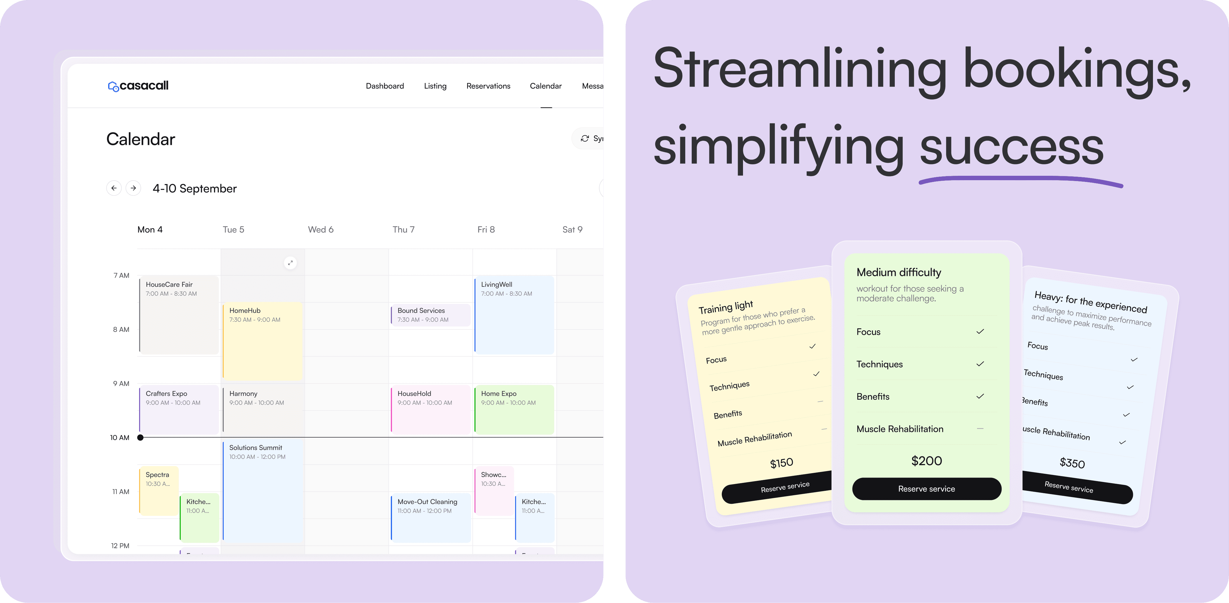 This image presents a pricing and booking interface with three service packages displayed in card format under the tagline: "Streamlining bookings, simplifying success."  Packages Displayed: Training Light - $150  Designed for those preferring a gentle approach to exercise. Includes: Focus, Techniques, Benefits, and Muscle Rehabilitation. Medium Difficulty - $200  For users seeking a moderate challenge. Includes: Focus, Techniques, and Benefits (Muscle Rehabilitation not included). Heavy: for the experienced - $350  Aimed at maximizing performance and achieving peak results. Includes all features: Focus, Techniques, Benefits, and Muscle Rehabilitation. Purpose: The interface emphasizes simplified decision-making for booking services, catering to different experience levels and preferences. Each card highlights clear pricing, features, and call-to-action buttons labeled "Reserve service."