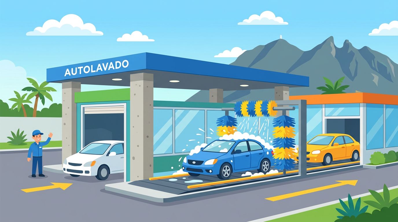Una ilustración colorida de un túnel de autolavado automático con coches pasando por el proceso de limpieza.