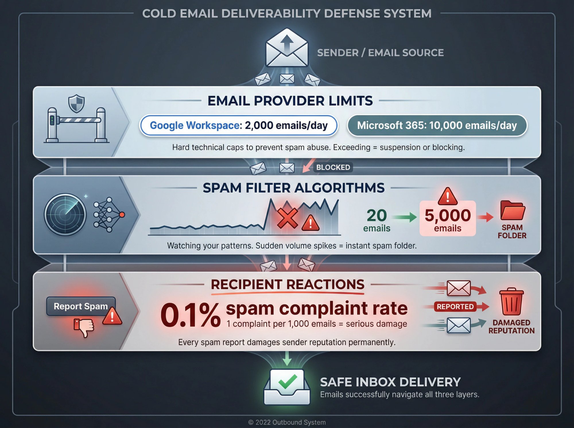 Three-layer email deliverability defense system showing provider limits, spam filters, and recipient reactions