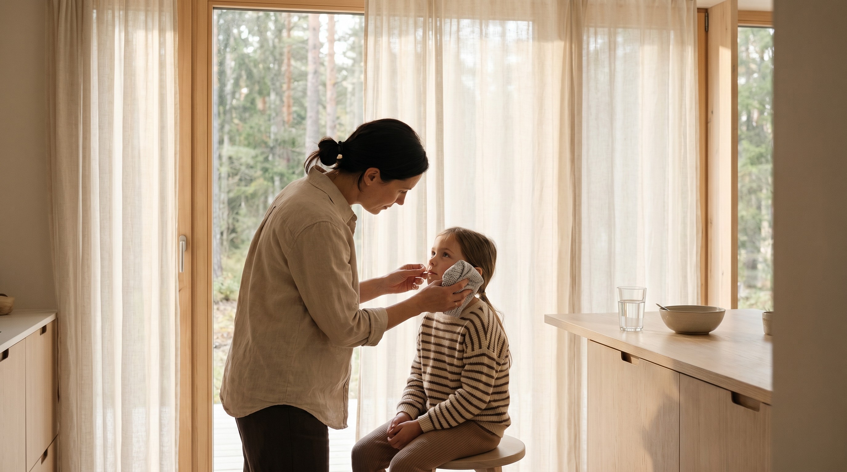 Mother gently checking her young daughter at a sunlit kitchen window after a minor mouth bump at home