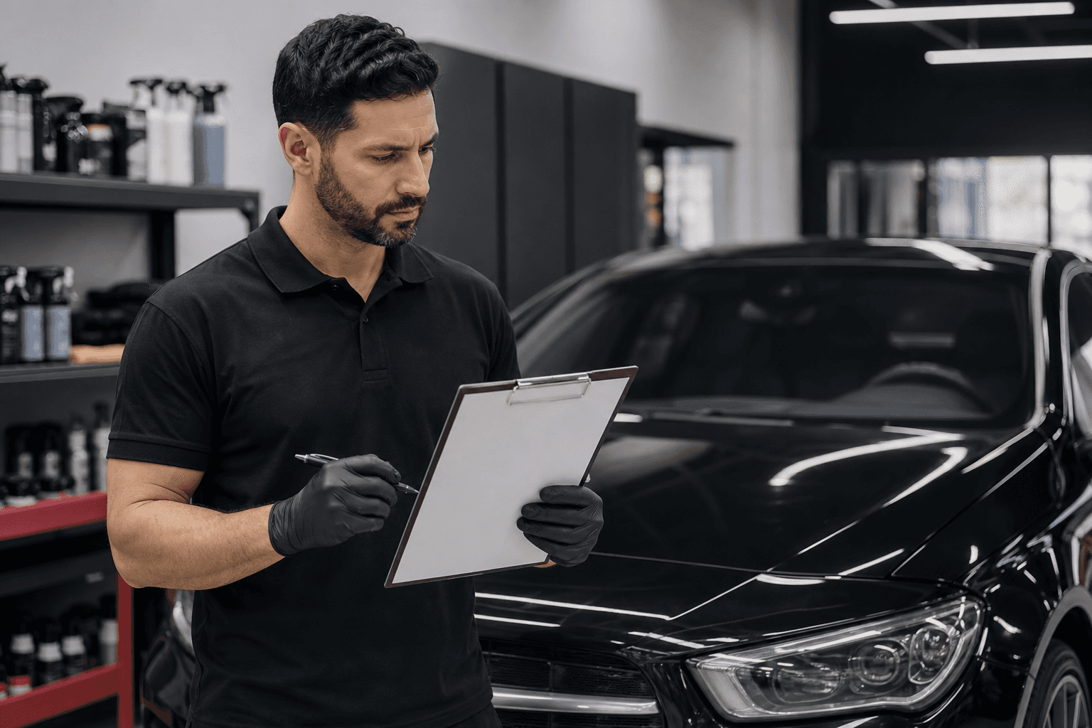 Detailer estimating a job on a clipboard next to a black sedan in his shop