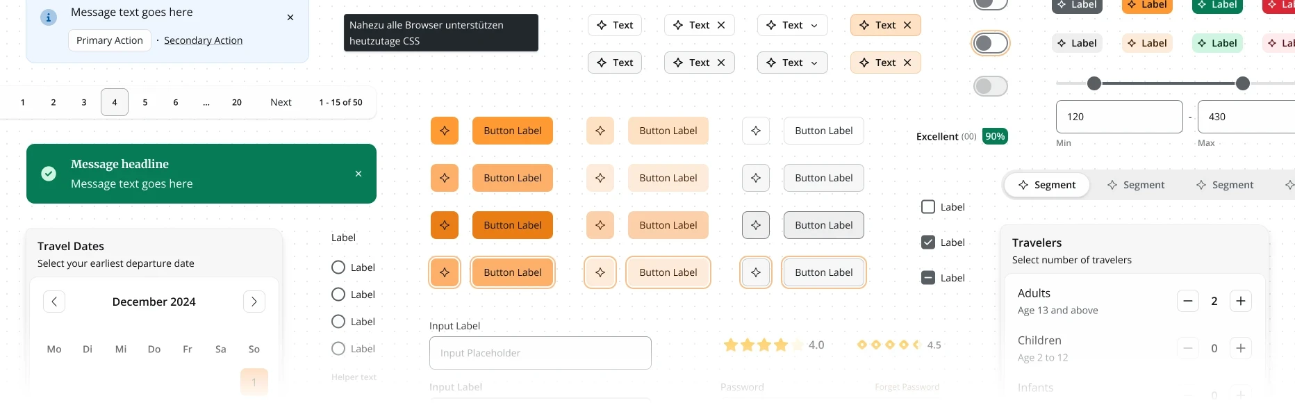 Core components including buttons, inputs, alerts, a date picker, checkboxes, sliders and segmented controls